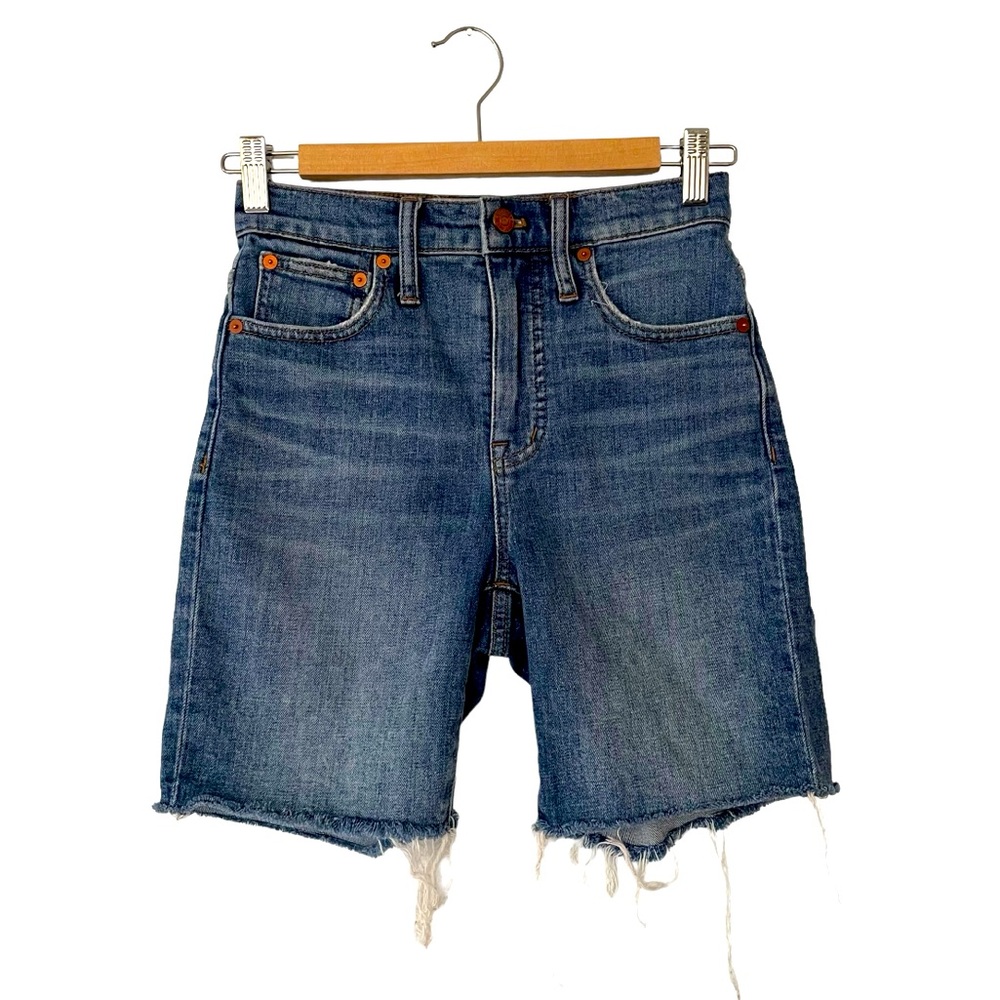 Madewell High-Rise Mid-Length Denim Shorts Blue Women Size 23 Stretch Raw Hem